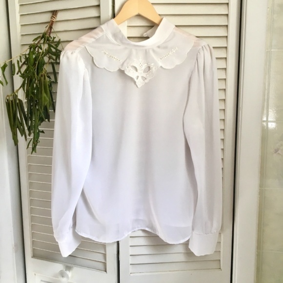 {Vintage} White Puff Sleeve High Neck Sheer Blouse - Picture 6 of 8